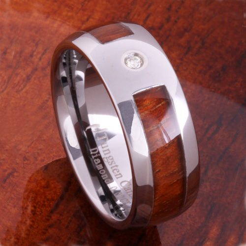 Diamond and Koa Wood Inlaid Tungsten Mens Wedding Ring Barrel Shape 8mm Hawaiian Ring - Hanalei Jeweler