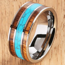 Koa Wood Turquoise Wedding Ring Flat Mens Ring 10mm Flat Shape Hawaiian Ring - Hanalei Jeweler