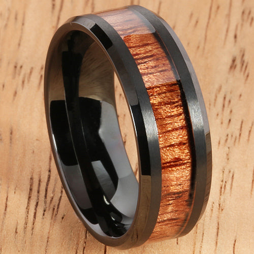 8mm Natural Hawaiian Koa Wood Inlaid Tungsten Beveled Edge Wedding Ring Iron Plated Black - Hanalei Jeweler
