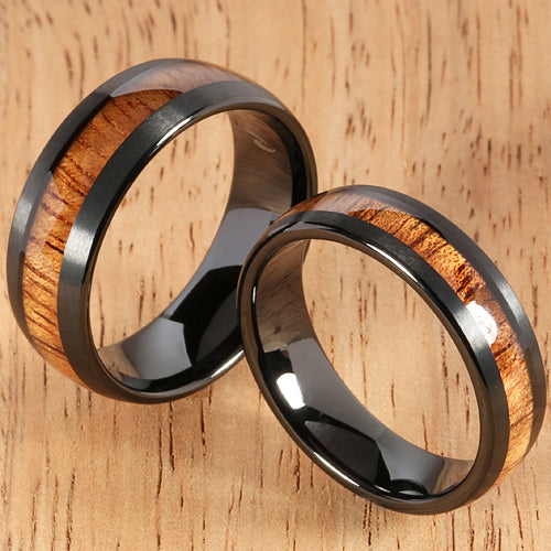 a pair of koa wood tungsten ring black tungsten ring – Hanalei Jeweler