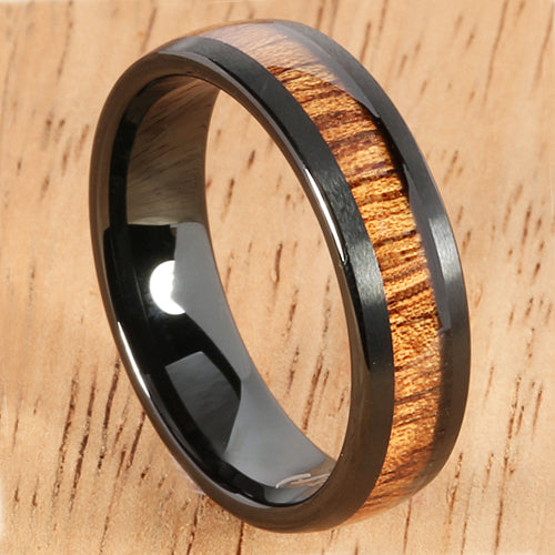 Black Tungsten Natural Hawaiian Koa Wood Inlaid Mens Wedding Ring Barrel Shape 8mm/6mm Set - Hanalei Jeweler