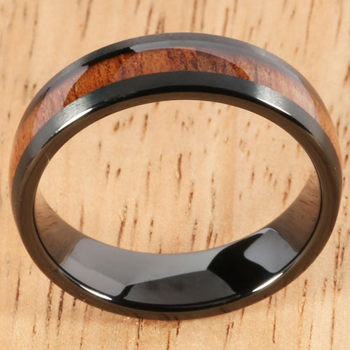 Black Tungsten Natural Hawaiian Koa Wood Inlaid Wedding Ring Barrel Shape 6mm Hawaiian Ring - Hanalei Jeweler