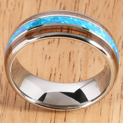 Koa Wood Opal Tungsten Wedding Ring 8mm Triple Row Men's Ring - Hanalei Jeweler