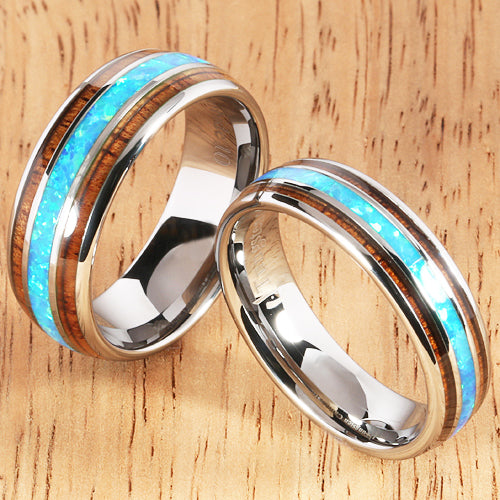 Koa Wood Opal Tungsten Two Tone Wedding Ring Triple-row Center Opal 6mm Barrel Shape Hawaiian Ring - Hanalei Jeweler