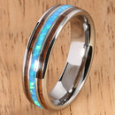 Koa Wood Opal Tungsten Two Tone Wedding Ring Triple-row Center Opal 6mm Barrel Shape Hawaiian Ring - Hanalei Jeweler