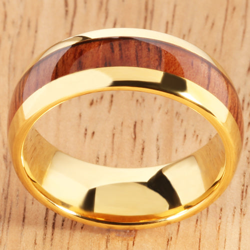 Yellow Gold Tungsten Natural Hawaiian Koa Wood Inlay Mens Wedding Ring Dome Shape 8mm Hawaiian Ring - Hanalei Jeweler