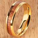 A Pair of Yellow Gold Tungsten Natural Hawaiian Koa Wood Inlay Mens Wedding Ring Dome Shape 8mm and 6mm - Hanalei Jeweler