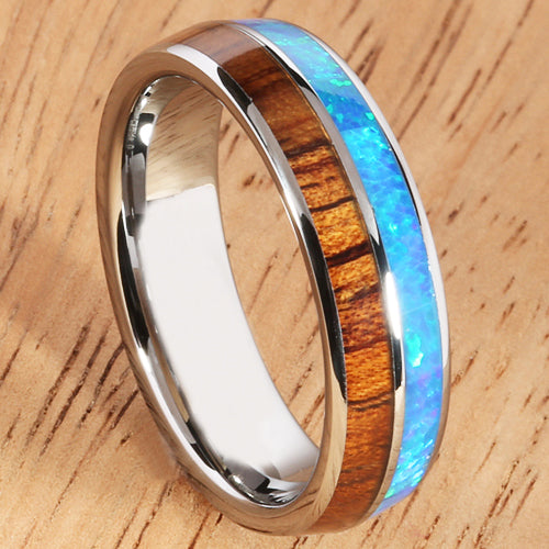 Koa Wood Opal Tungsten Two Tone Wedding Ring Half Wood/Opal 6mm Barrel Shape Hawaiian Ring - Hanalei Jeweler