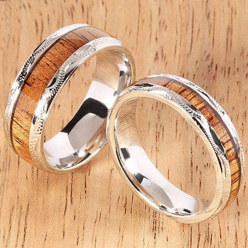 Sterling Silver Koa Wood Wedding Ring Hand-made Scroll Engraving 8mm - Hanalei Jeweler