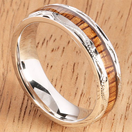 Sterling Silver Koa Wood Wedding Ring Hand-made Scroll Engraving 6mm - Hanalei Jeweler