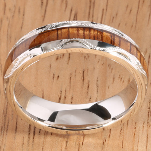 Sterling Silver Koa Wood Wedding Ring Hand-made Scroll Engraving 6mm - Hanalei Jeweler