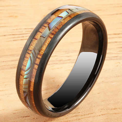 Koa Wood Ring  Abalone Inlay Black Tungsten Wedding Ring Central Abalone 6mm Barrel Shape - Hanalei Jeweler