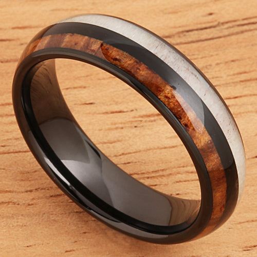 Koa Wood Ring  Antler Style Black Tungsten Wedding Ring 6mm Barrel Shape - Hanalei Jeweler