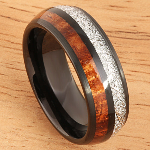 Koa Wood and Meteorite Pattern Ring Black Tungsten Wedding Ring 8mm Barrel Shape - Hanalei Jeweler