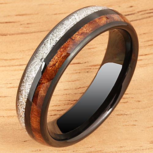 Koa Wood and Meteorite Pattern Black Tungsten Wedding Ring 6mm Barrel Shape - Hanalei Jeweler