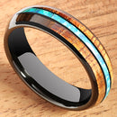 Black Tungsten Opal Koa Wood Ring Barrel Shape 6mm Band - Hanalei Jeweler