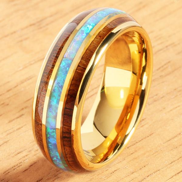 YG Plated Koa Wood Opal Tungsten Wedding Ring 8mm Triple Row Men's Ring - Hanalei Jeweler