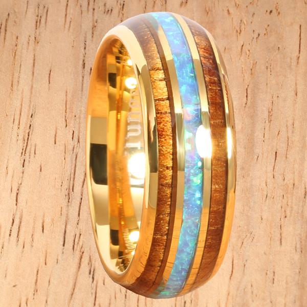 YG Plated Koa Wood Opal Tungsten Wedding Ring 8mm Triple Row Men's Ring - Hanalei Jeweler