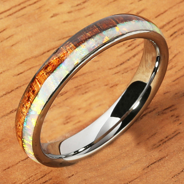 Tungsten Carbide Pink Opal Koa Wood Ring Double Row Two Tone Dome Shape 4mm - Hanalei Jeweler