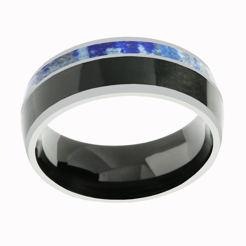 Tungsten Lapis Lazuli and Onyx Inlaid Wedding Ring Barrel 8mm