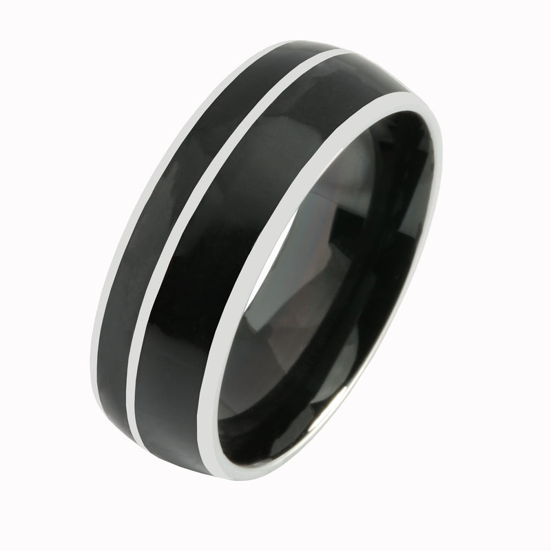 Tungsten Onyx Inlaid Double Row Wedding Ring Barrel 8mm