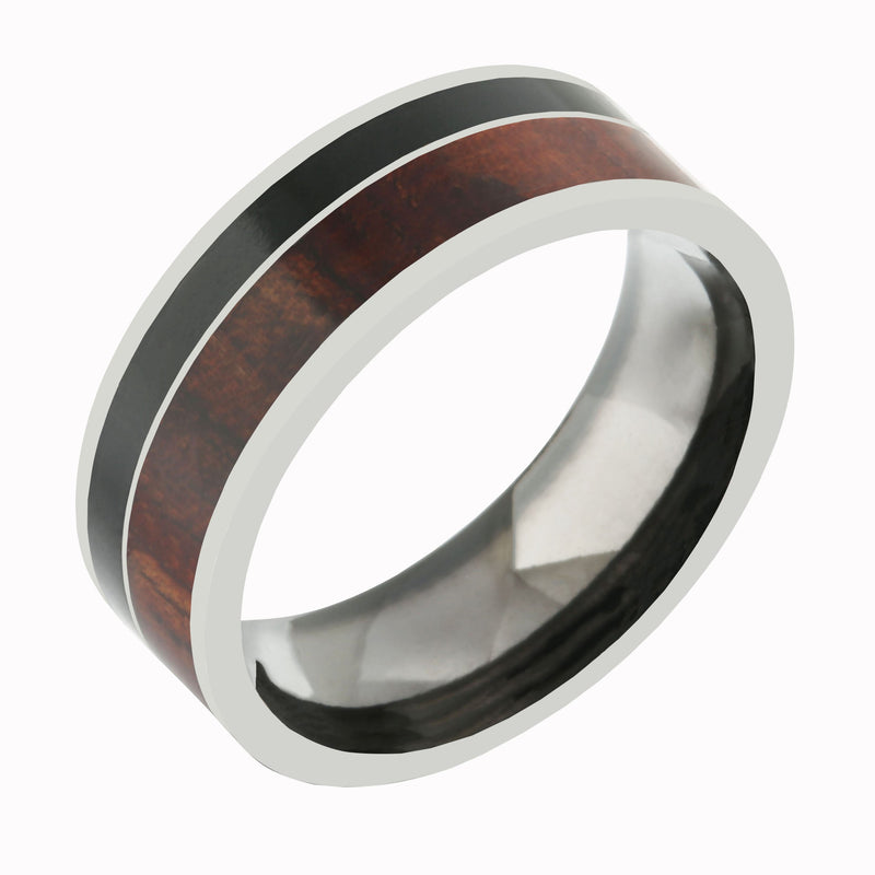 Tungsten Koa Wood and Onyx Inlaid Wedding Ring Flat 8mm