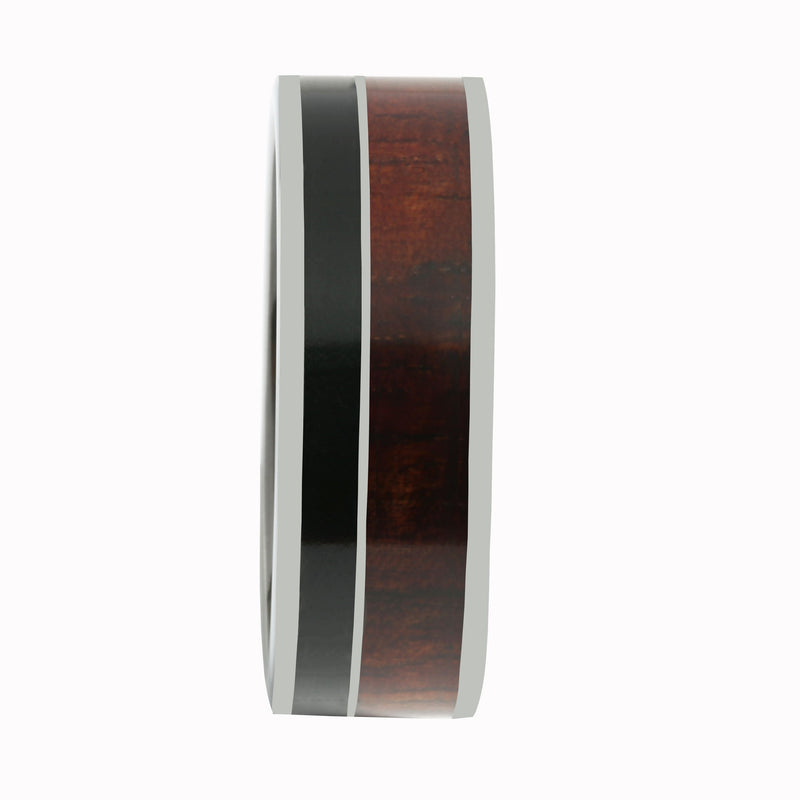 Tungsten Koa Wood and Onyx Inlaid Wedding Ring Flat 8mm